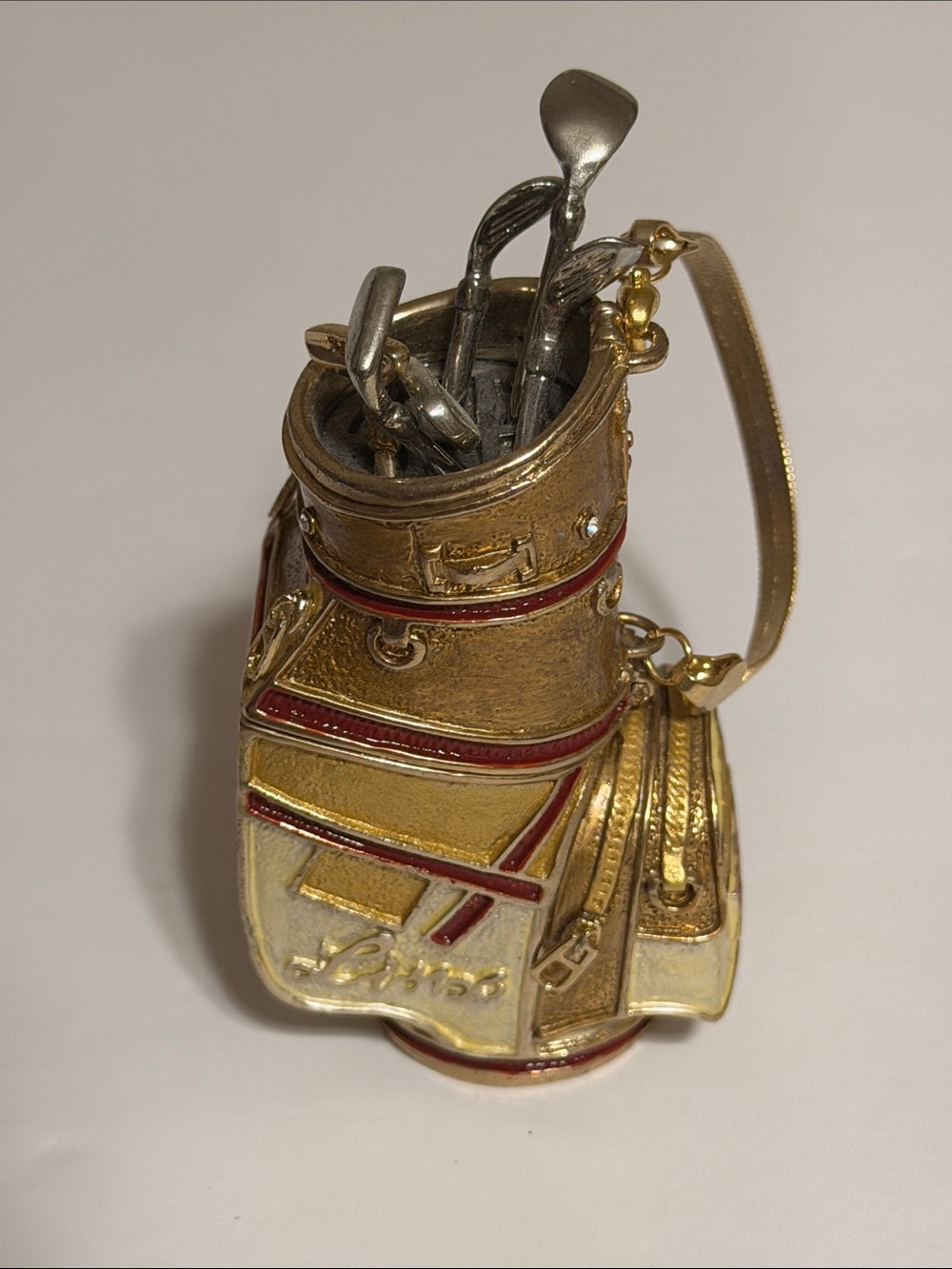 NWOB LINX Gold Metal and Enamel Caddie Golf Bag Paperweight Charm Trinket Box
